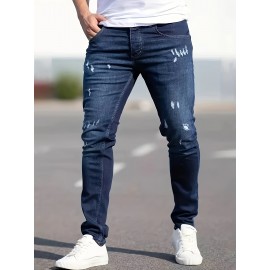 Slim Fit Ripped Jeans, Men's Casual Street Style Distressed Medium Stretch Denim Pants