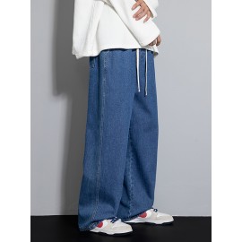 Men's Street Style Wide Leg Denim Jeans, Casual Drawstring Pants, Hip-Hop Loose Fit Jeans