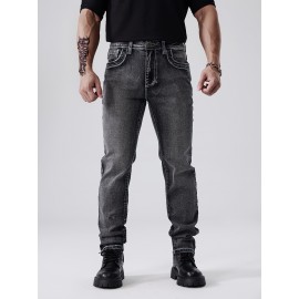 ESDVQ Men's Vintage-Inspired Embroidered Stretch Jeans - Slim Fit, Cotton Blend Denim with Pockets