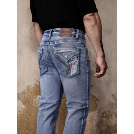 ESDVQ Men's Vintage-Inspired Embroidered Stretch Jeans - Slim Fit, Cotton Blend Denim with Pockets