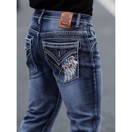 ESDVQ Men's Vintage-Inspired Embroidered Stretch Jeans - Slim Fit, Cotton Blend Denim with Pockets
