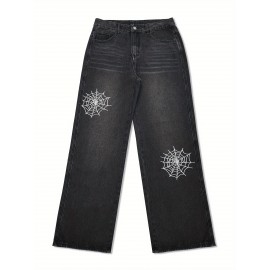 Men's Vintage Style Washed Denim Jeans with Embroidered Spider Web Design – Relaxed Fit, All-Season Casual Wear
