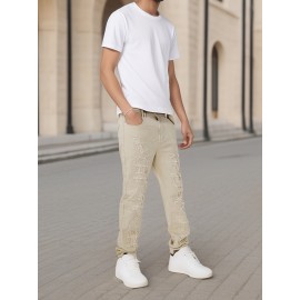 Men's Slim-Fit Stretch Cotton Jeans - Classic White, All-Season Casual Denim with Ripped Detail