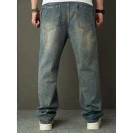 Men'S Faux Denim Washed Retro Casual Straight Leg Pants Fashionable And Versatile High Street Loose Wide Leg Pants