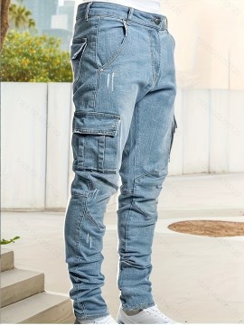Men's Casual Flap Pocket Skinny Jeans, Chic Street Style Medium Stretch Denim Pants
