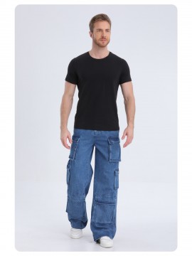 1pc Men'S Geometric-Patterned Multi-Pocket Faux Denim Faux Denim - All-Season Regular Fit Woven Fabric, Comfortable Street Style Basics for Adults