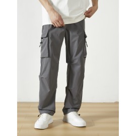 Men's Casual Flap Pocket Straight Leg Cargo Pants, Street Style Casual Pants For Outdoor Activities