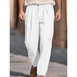 1pc Men'S Casual Wide Leg Pants - Cotton Blend, Solid Color, All-Season, Regular Fit, Slight Stretch, Woven Fabric, Mid Waist with Drawstring and Pleated Front - Versatile for Beach and Daily Wear