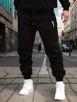 1pc Men'S Casual Cotton Sweatpants with Letter Print, Elastic Waist Drawstring, Knit Fabric, Regular Fit for Outdoors - 50% Cotton, 50% Polyester Blend, Adult Autumn/Winter Fashion Pants