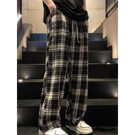 Men's Casual Plaid Long Pants With Drawstring - Basic Straight-Leg Trousers For Casual Wear