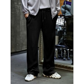 Men's Casual Drawstring Pants - Mid-Waist, Straight Leg, Solid Color Ribbed Design, Polyester Blend, Machine Washable