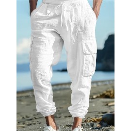 Men's Casual Cargo Pants with Drawstring - Soft, Loose Fit with Multiple Pockets, Solid Color, Machine Washable