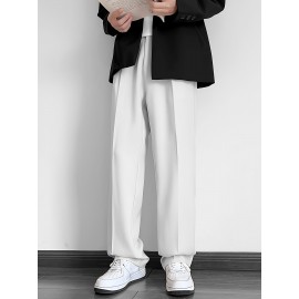 Men's Casual Fashion Pants, Versatile Solid Color, Polyester Fabric, Cropped Length