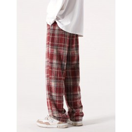 Men's Loose Fit Plaid Trousers, Breathable Comfort, Drawstring & Pockets