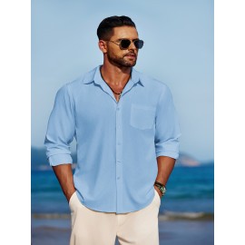 Men'S Polyester Chambray Casual Dress Shirt, Sexy Lapel Collar, Long Sleeve, Solid Color, Slight Stretch Fabric, with Front Slit Hem, Single Breasted Placket, for All-Season Party Wear