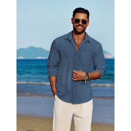Men'S Polyester Chambray Casual Dress Shirt, Sexy Lapel Collar, Long Sleeve, Solid Color, Slight Stretch Fabric, with Front Slit Hem, Single Breasted Placket, for All-Season Party Wear