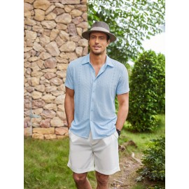 Men's Casual Button-Down Beach Shirt - Short Sleeve, Stretch Fabric, Summer Tropical Top with Turquoise Collar