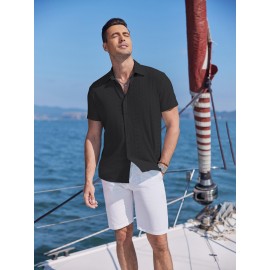 Men's Casual Button-Down Beach Shirt - Short Sleeve, Stretch Fabric, Summer Tropical Top with Turquoise Collar