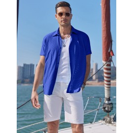 Men's Casual Button-Down Beach Shirt - Short Sleeve, Stretch Fabric, Summer Tropical Top with Turquoise Collar