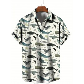 Men's Whale 3D Print Casual Shirt, Button Front Short Sleeve Top, Men's Clothes For Daily Wear/Party