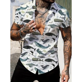 Men's Whale 3D Print Casual Shirt, Button Front Short Sleeve Top, Men's Clothes For Daily Wear/Party