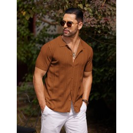 Men'S Summer Casual Knit Button-Down Lapel Shirts - Regular Fit, Slight Stretch Fabric, Solid Color Short Sleeve Casual Shirt with Button Detail