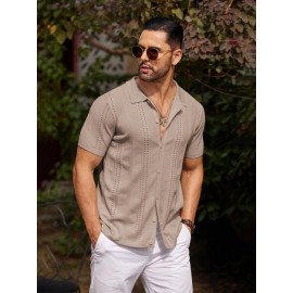 Men'S Summer Casual Knit Button-Down Lapel Shirts - Regular Fit, Slight Stretch Fabric, Solid Color Short Sleeve Casual Shirt with Button Detail