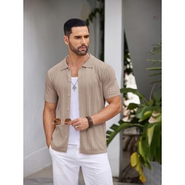 Men'S Summer Casual Knit Button-Down Lapel Shirts - Regular Fit, Slight Stretch Fabric, Solid Color Short Sleeve Casual Shirt with Button Detail