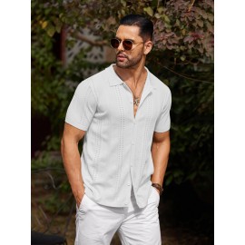 Men'S Summer Casual Knit Button-Down Lapel Shirts - Regular Fit, Slight Stretch Fabric, Solid Color Short Sleeve Casual Shirt with Button Detail