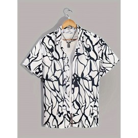 Crackle Pattern Print Men's Color Block Short Sleeve Button Up Lapel Shirt For Summer Resort Holiday, Hawaiian Style