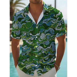 Men's Novelty Geometric Print Button-Up Shirt - Casual, Breathable Polyester, Machine Washable