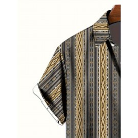 Men's Ethnic Style Geometric Pattern 3D Print Casual Shirt, Button Front Short Sleeve Top, Men's Clothes For Daily Wear/Party