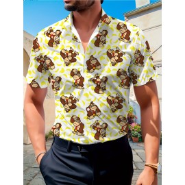 Trendy Collared, Men's Novelty Geometric Print Button-Up Shirt - Casual, Breathable Polyester, Machine Washable