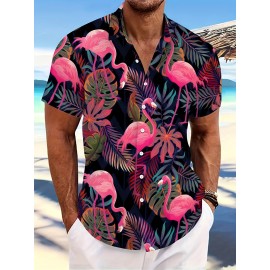 Men's 3D Flamingo Pattern Print Short Sleeve Lapel Shirt Top, Casual Button Up Shirt For Summer Daily Wear And Vacation Resorts