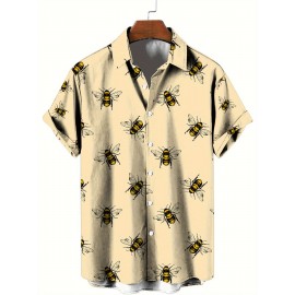 Bees Pattern Allover Print Men's Short Sleeve Lapel Shirt Top, Male Casual Button Up Shirt For Daily And Vacation Resorts Beach