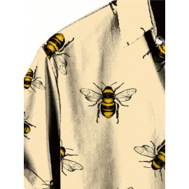 Bees Pattern Allover Print Men's Short Sleeve Lapel Shirt Top, Male Casual Button Up Shirt For Daily And Vacation Resorts Beach