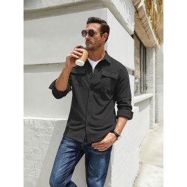 1pc Men'S Casual Polyester Shirting Jacket - Solid Color Long Sleeve Button Down Shacket with Pockets, Non-Stretch Knit Fabric, Regular Fit for Spring/Fall