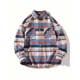 Color Block Plaid Men's Retro Long Sleeve Button Down Shirt With Chest Pockets, Spring Fall Casual Outdoor Loose Shirt