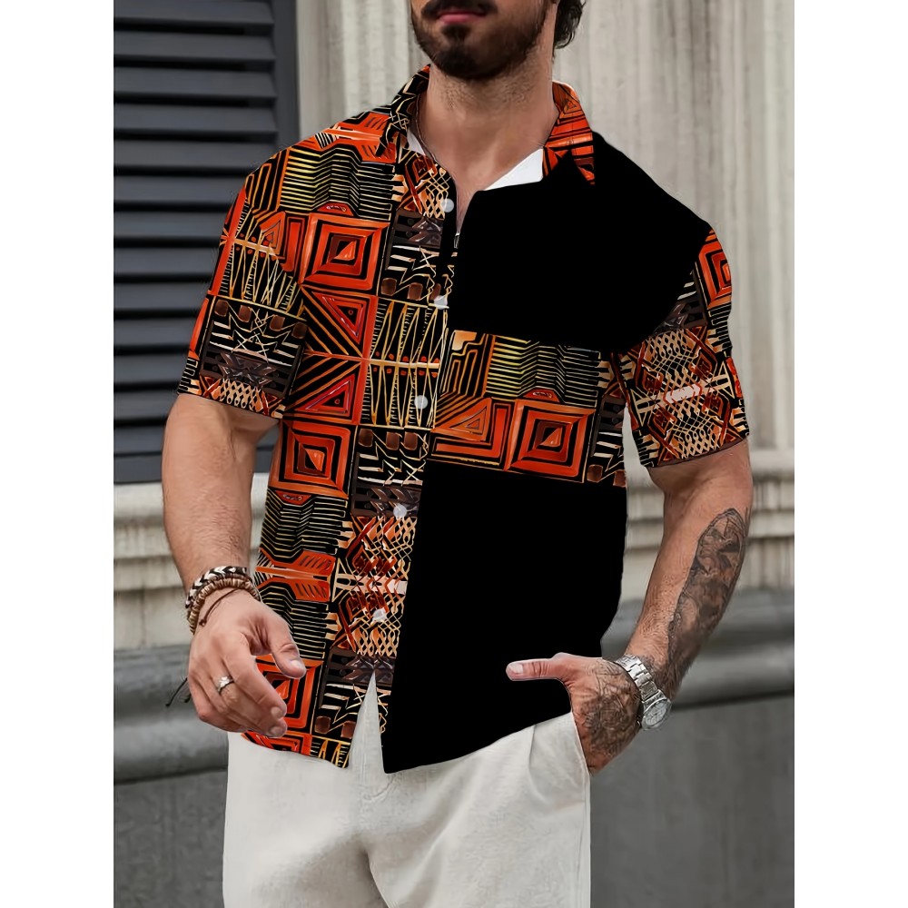 Men's Novelty 3D Geometric Print Button-Up Shirt - Casual, Breathable Polyester, Machine Washable Men's Novelty 3D Geometric Print Button-Up Shirt - Casual, Breathable Polyester, Machine Washable