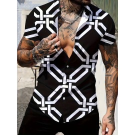 Men's Color * Geometric Pattern 3D Print Casual Shirt, Button Front Short Sleeve Top, Men's Clothes For Daily Wear/Party