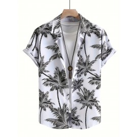 Tropical Coconut Tree Pattern Print Men's Short Sleeve Button Up Lapel Shirt For Summer Resort Holiday, Hawaiian Style