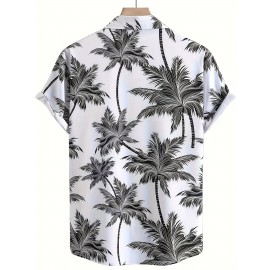 Tropical Coconut Tree Pattern Print Men's Short Sleeve Button Up Lapel Shirt For Summer Resort Holiday, Hawaiian Style