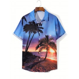 Beach Sunset Pattern 3D Printed Men's Fashion Short Sleeve Button Up Lapel Hawaiian Style Shirt For Summer Resort Vacation