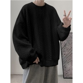 Trendy Cable Sweatshirt, Men's Casual Solid Crew Neck Sweatshirt For Men Fall Winter