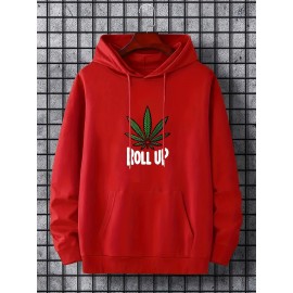 Men's Polyester Hooded Sweatshirt with Geometric Leaf Applique, Sports Style Active Hoodie with Slight Stretch, Regular Fit Knit Fabric Pullover - Casual Hip Hop Streetwear