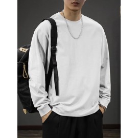 Men's Casual Cotton Long Sleeve T-Shirt - Crew Neck, Loose Fit, Spring & Fall Collection