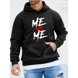 ME VS ME Print, Men's Casual and Cozy Hoodies, Trendy Long Sleeve Hooded Sweatshirt, Casual Versatile Top for Autumn Winter