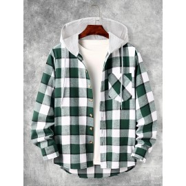 Fashionable And Versatile Men's College Style Casual Plaid Hoodies Button Drawstring Shirt Jacket, Suitable For Outdoor