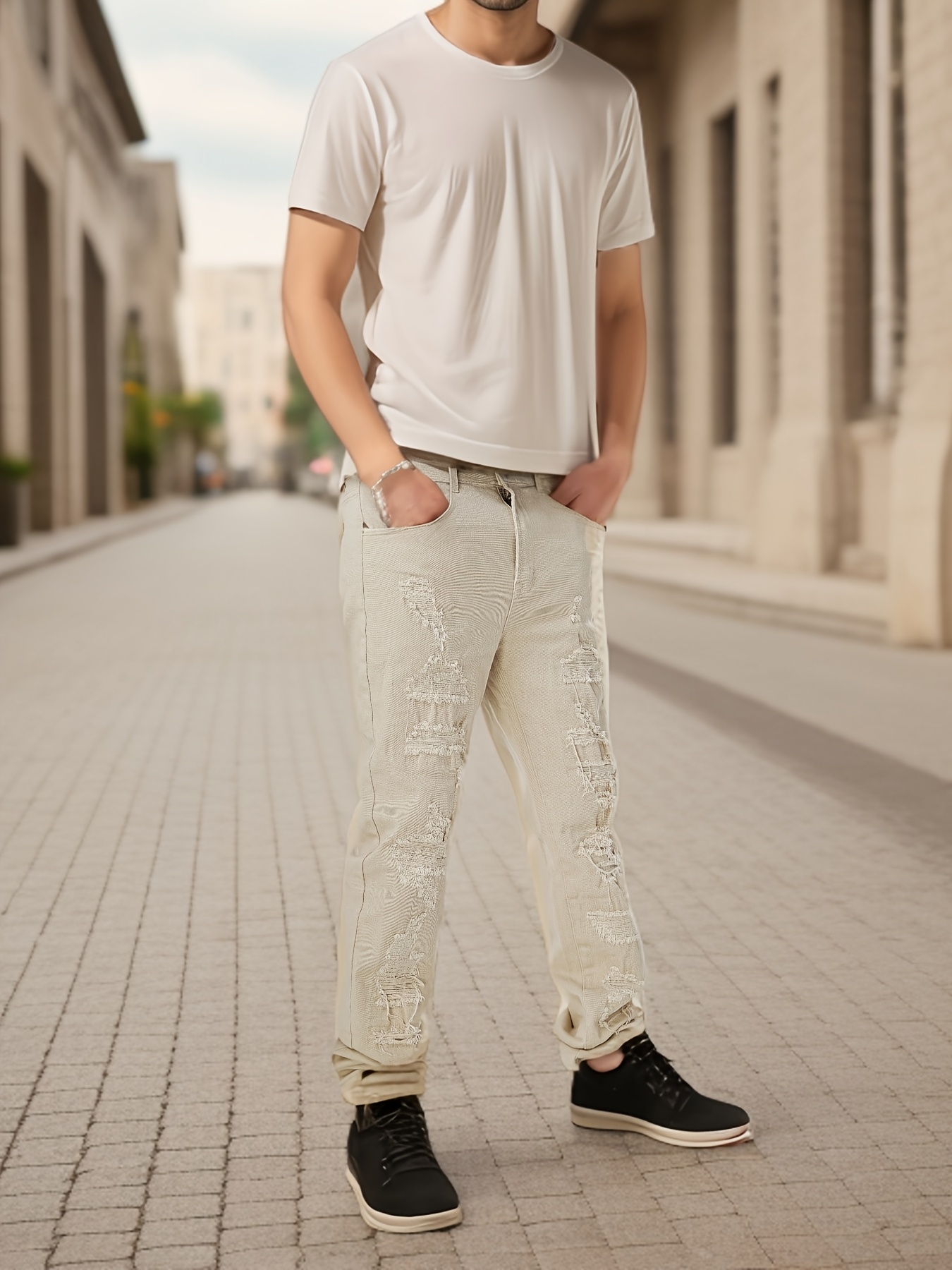 Men s Slim-  Cotton Jeans -  ,   Casual Denim with Ripped Detail details 0