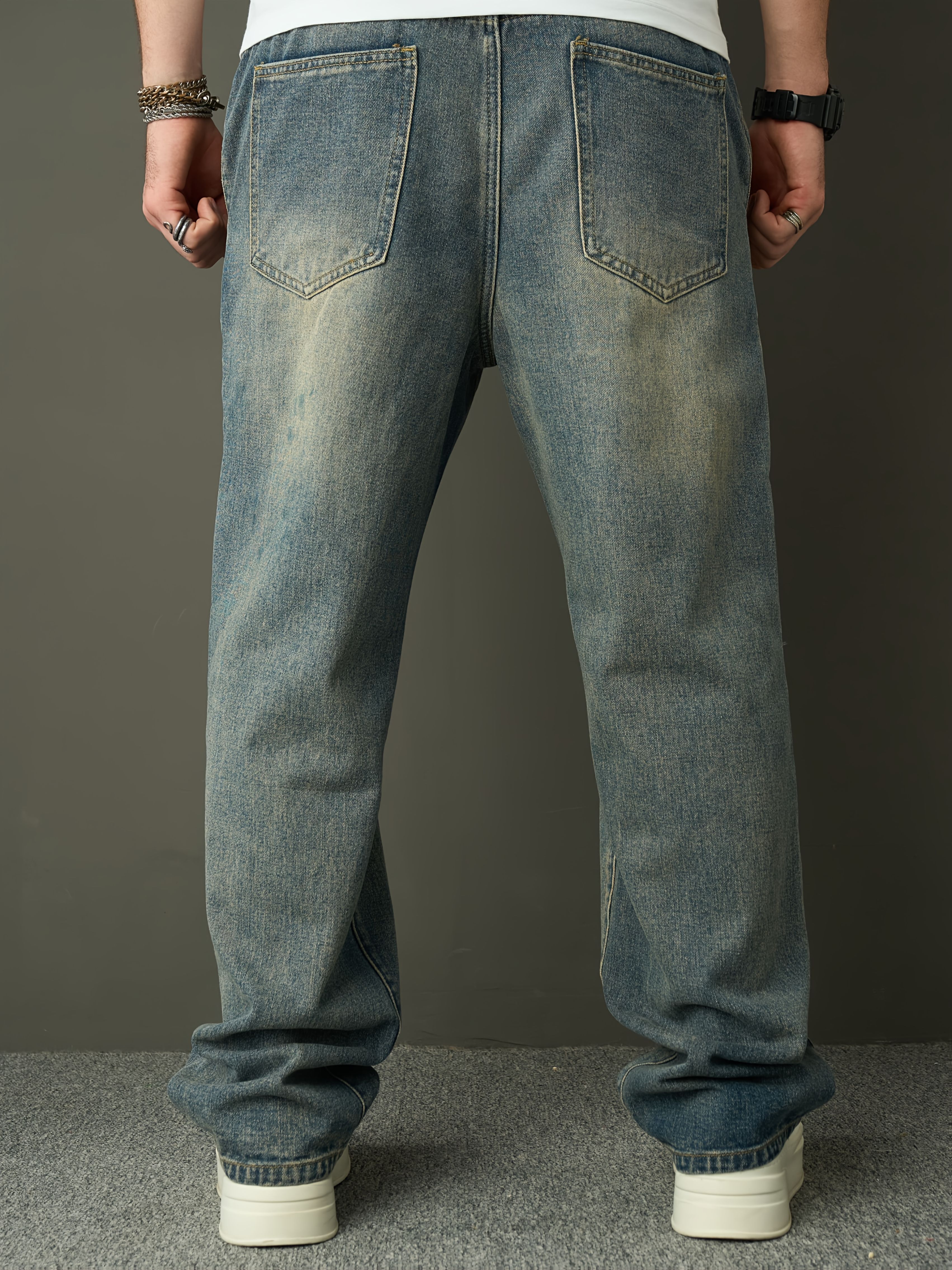 Men S   Denim Washed Retro Casual Straight Leg Pants Fashionable And     Loose Wide Leg Pants details 1